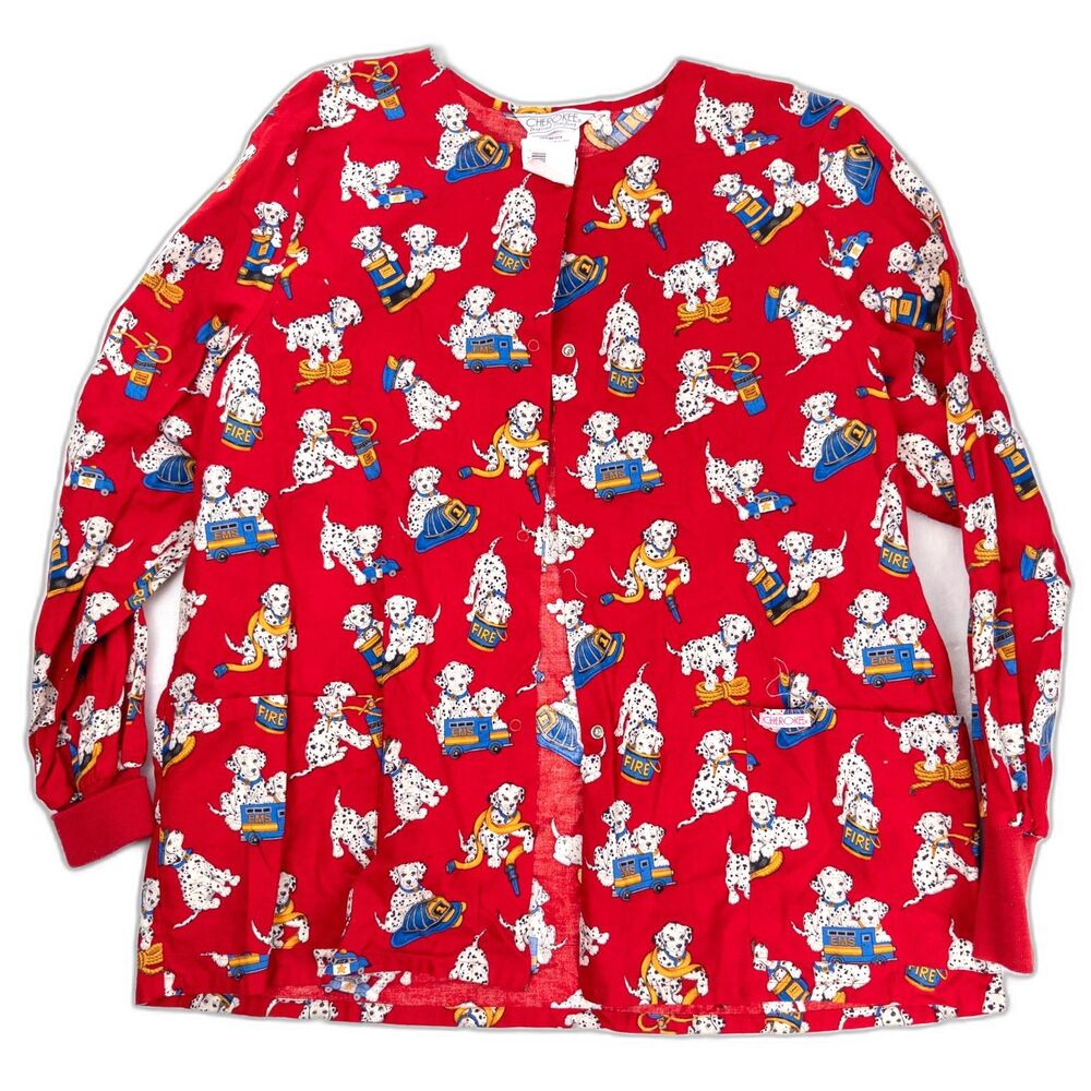 Cherokee Inspired Comfort XL Scrub Top Fire Dept Dalmatian Dog Long Sleeve NWT
